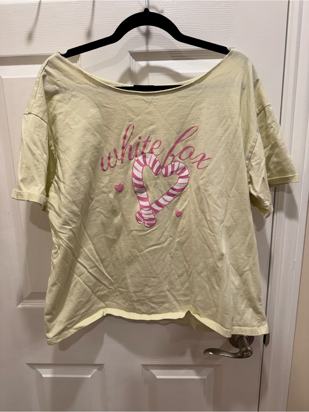 White Fox Off the Shoulder Light Yellow Graphic Tee with Pink Heart Logo